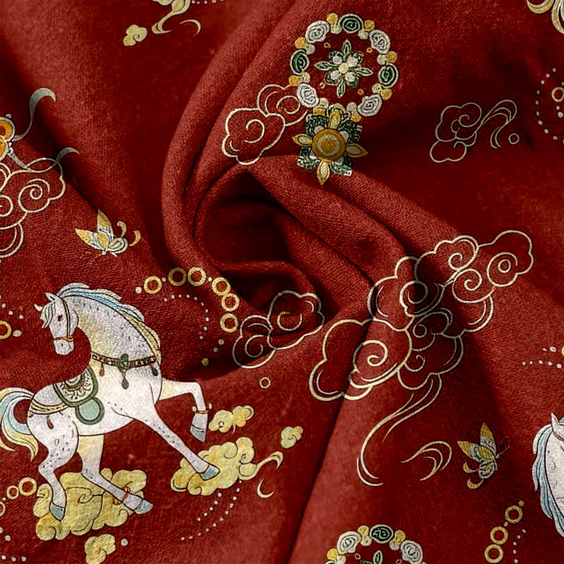 Buddha Stones Damenhose aus reiner Baumwolle mit Reitmotiv, Wolken- und Blumenmuster, elastischem Bund und Taschen - image 2