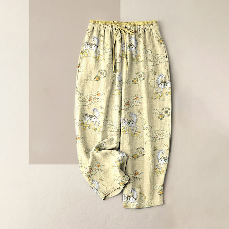 Buddha Stones Damenhose aus reiner Baumwolle mit Reitmotiv, Wolken- und Blumenmuster, elastischem Bund und Taschen - Maisfäden - US16, UK/AU20, EU48 (3XL) - image 3