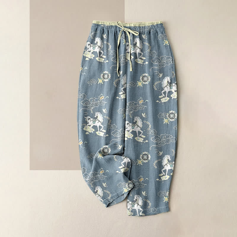 Buddha Stones Damenhose aus reiner Baumwolle mit Reitmotiv, Wolken- und Blumenmuster, elastischem Bund und Taschen - SteelBlue - US16, UK/AU20, EU48 (3XL) - image 4