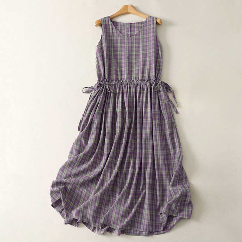 Buddha Stones Sommerliches Vintage-Kleid für Damen aus kariertem Baumwollstoff mit Kordelzug in der Taille, Knopfleiste und Taschen - blauviolett - US12, UK/AU16, EU44 (2XL) - image 0