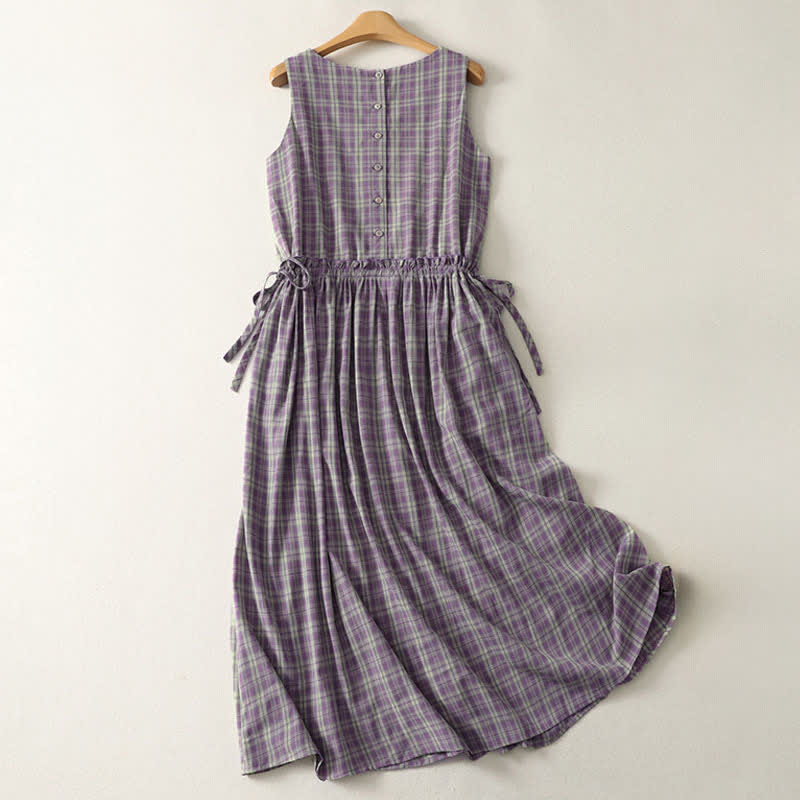 Buddha Stones Sommerliches Vintage-Kleid für Damen aus kariertem Baumwollstoff mit Kordelzug in der Taille, Knopfleiste und Taschen - image 1