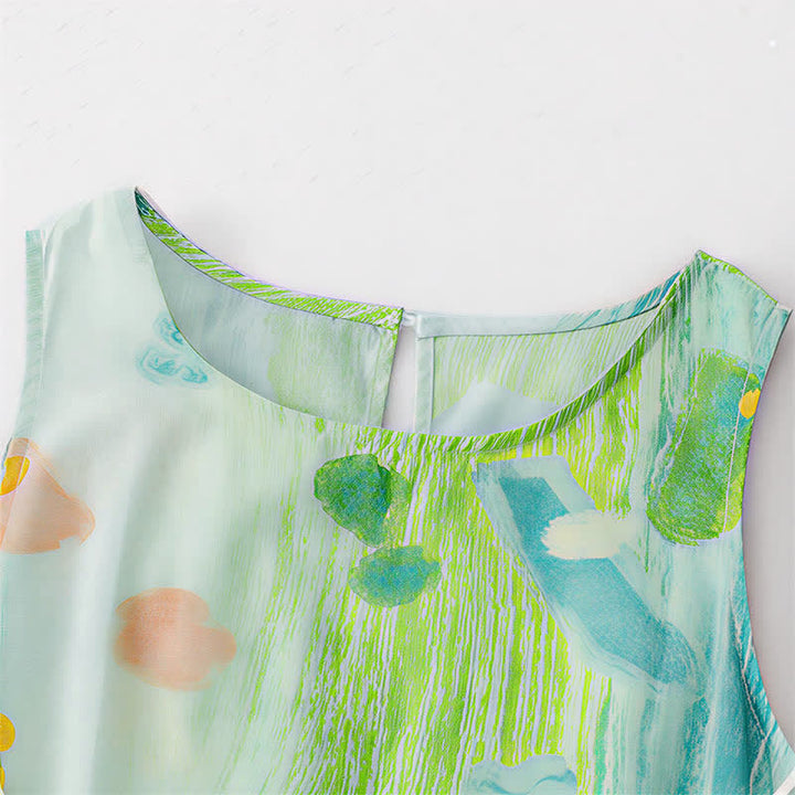 Buddha Stones Ärmelloses Sommerkleid für Damen mit verwaschenem Aquarell-Blumenmuster - image 3