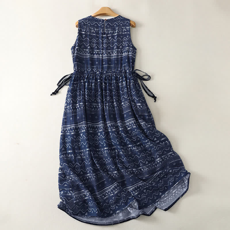 Buddha Stones Sommerliches, ärmelloses Boho-Sommerkleid für Damen mit Kordelzug, ethnischem Muster und Taschen - image 1