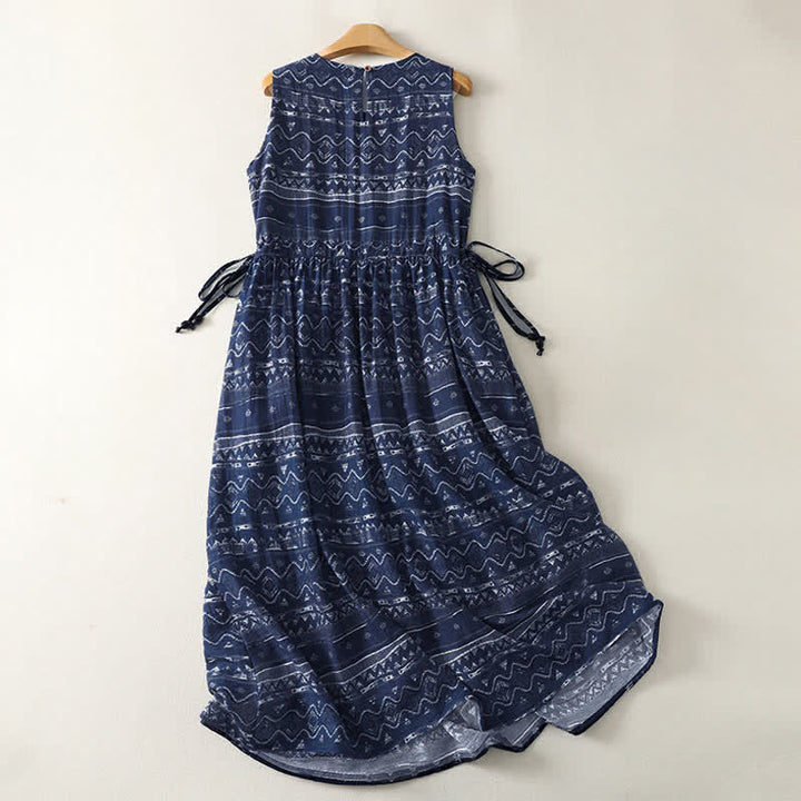 Buddha Stones Sommerliches, ärmelloses Boho-Sommerkleid für Damen mit Kordelzug, ethnischem Muster und Taschen - image 1