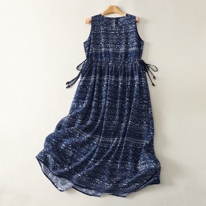 Buddha Stones Sommerliches, ärmelloses Boho-Sommerkleid für Damen mit Kordelzug, ethnischem Muster und Taschen - Mitternachtsblau - US12, UK/AU16, EU44 (2XL) - image 0