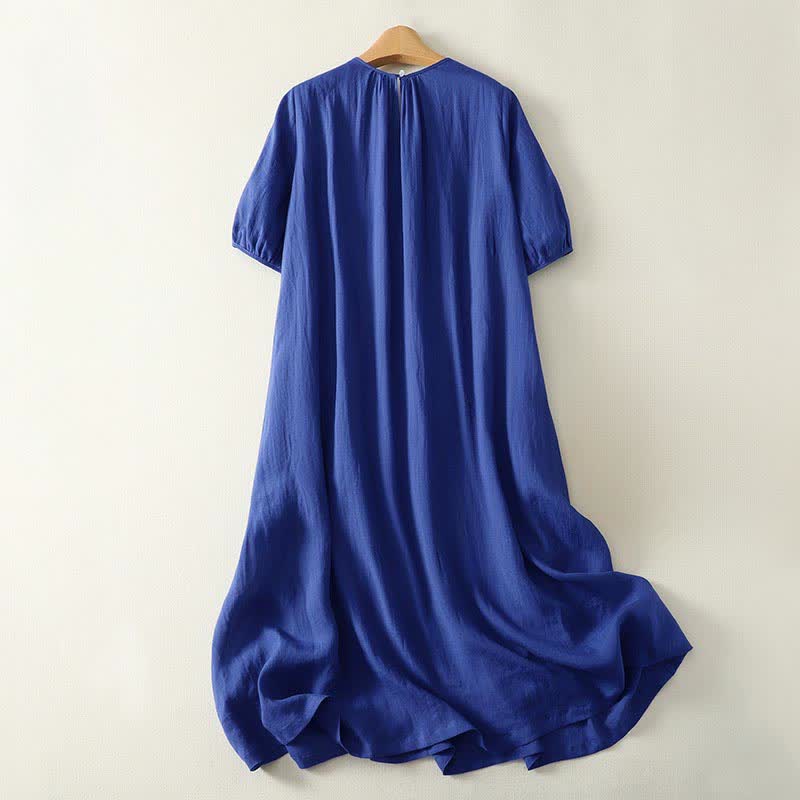 Buddha Stones Minimalistisches, einfarbiges Sommerkleid für Damen mit kurzen Ärmeln, Knopfleiste, knielang, mit Taschen - image 1