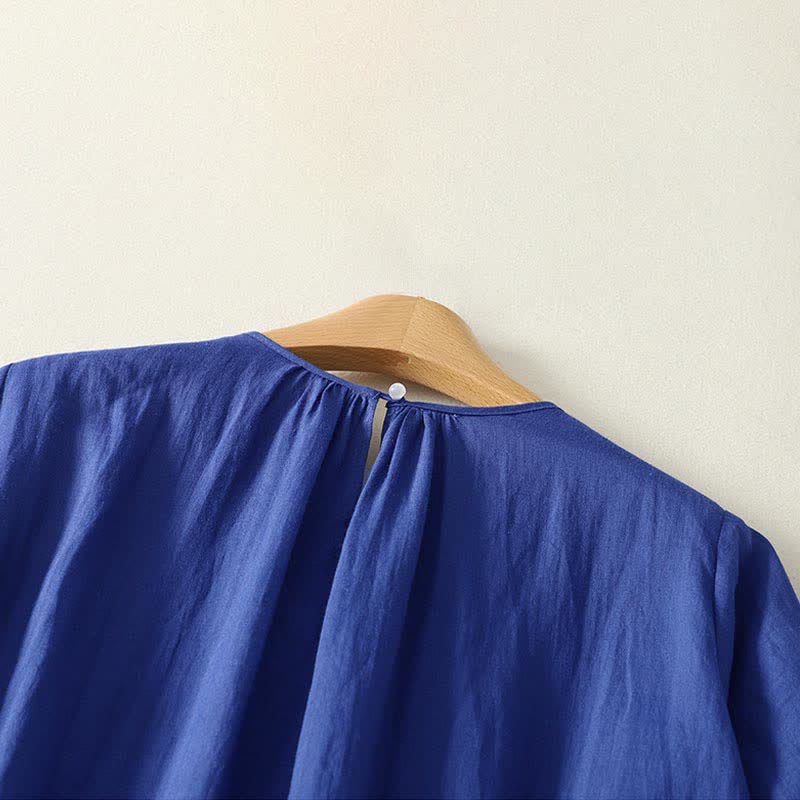 Buddha Stones Minimalistisches, einfarbiges Sommerkleid für Damen mit kurzen Ärmeln, Knopfleiste, knielang, mit Taschen - image 3