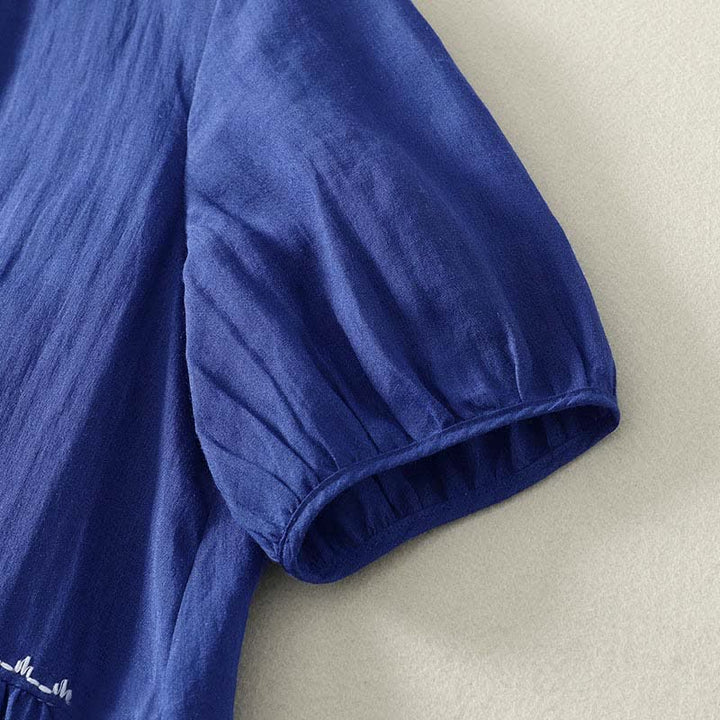 Buddha Stones Minimalistisches, einfarbiges Sommerkleid für Damen mit kurzen Ärmeln, Knopfleiste, knielang, mit Taschen - image 4