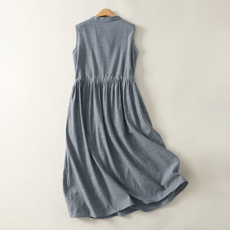 Buddha Stones Sommerliches minimalistisches, gestreiftes, ärmelloses Kleid für Damen mit Knopfleiste, Kordelzug und Kordelzug - image 1