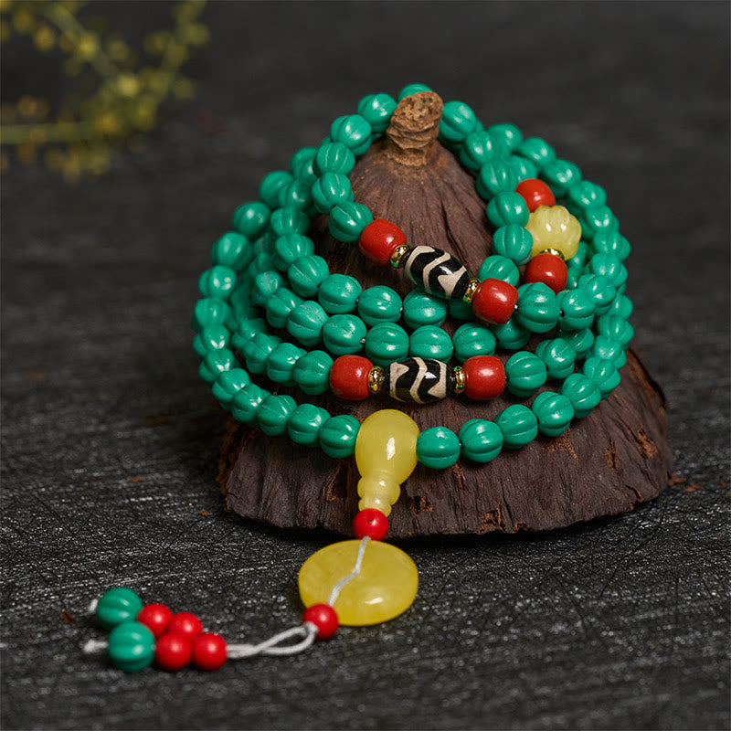 Buddha Stones Tibetische Mala mit 108 türkisfarbenen und kürbisförmigen Dzi-Perlen für positives Denken - image 1