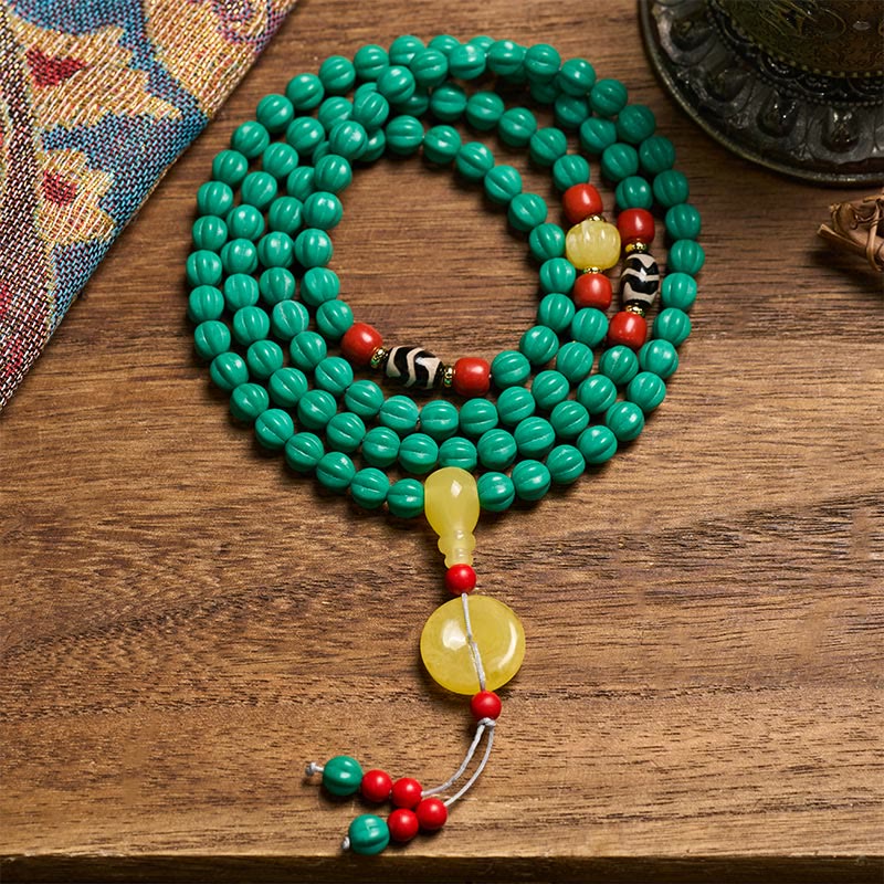 Buddha Stones Tibetische Mala mit 108 türkisfarbenen und kürbisförmigen Dzi-Perlen für positives Denken - 8 mm * 108 - image 0