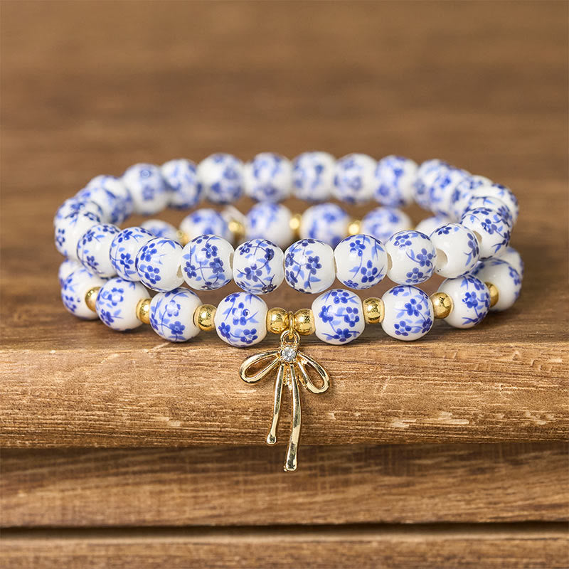 Buddha Stones Armband aus blau-weiß-rosa Porzellanperlen mit Schleife und innerem Frieden - Blau und Weiß (Handgelenkumfang: 15-16 cm) - image 0