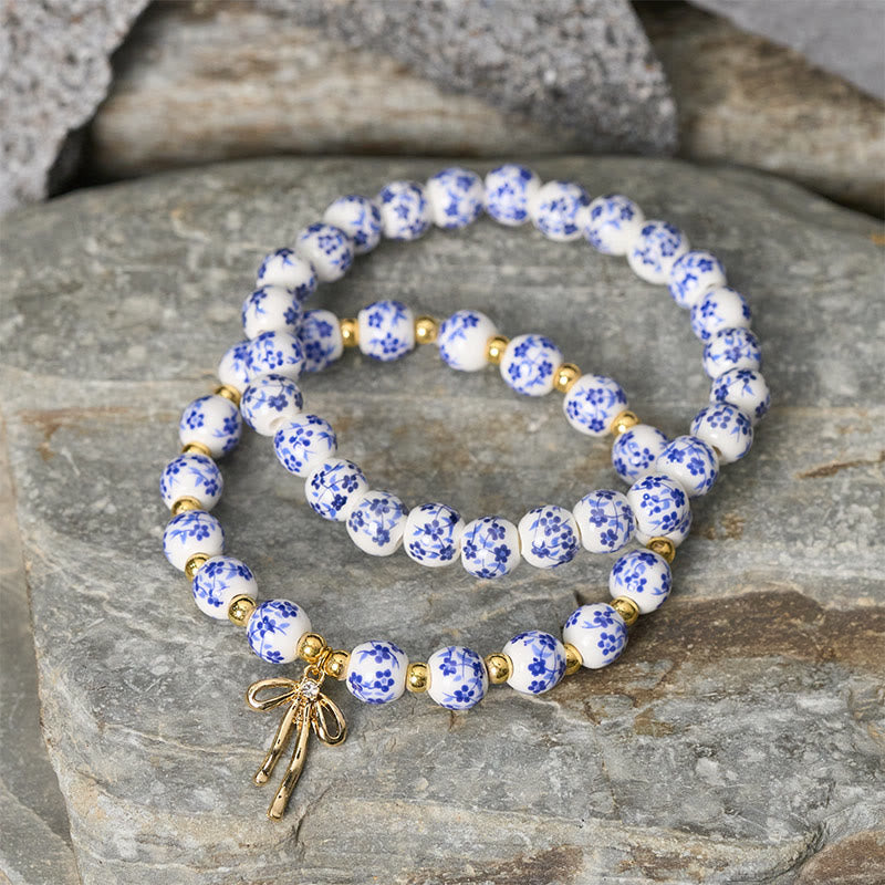 Buddha Stones Armband aus blau-weiß-rosa Porzellanperlen mit Schleife und innerem Frieden - image 2