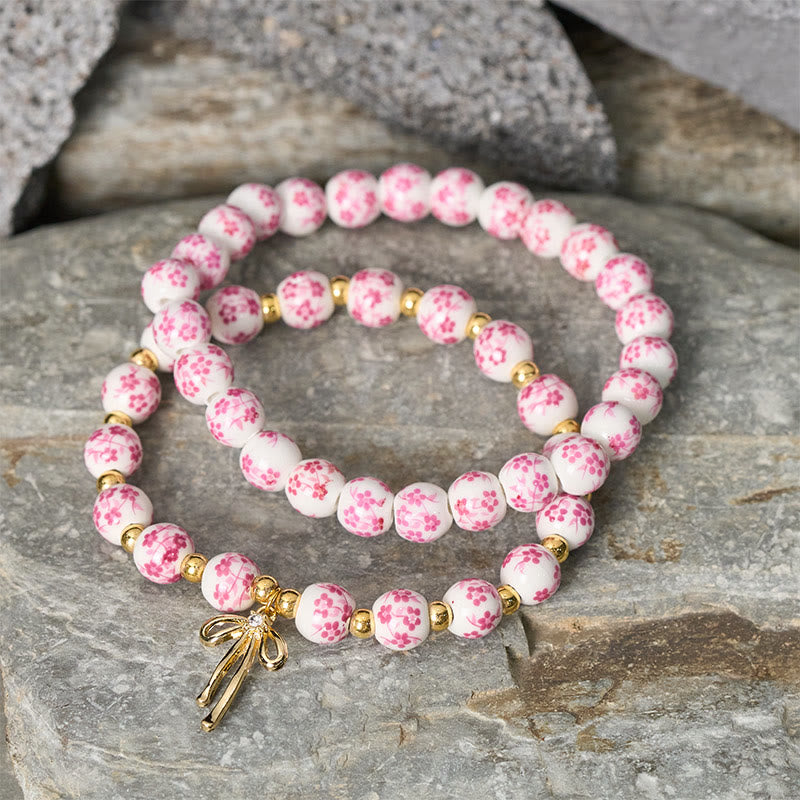 Buddha Stones Armband aus blau-weiß-rosa Porzellanperlen mit Schleife und innerem Frieden - image 8