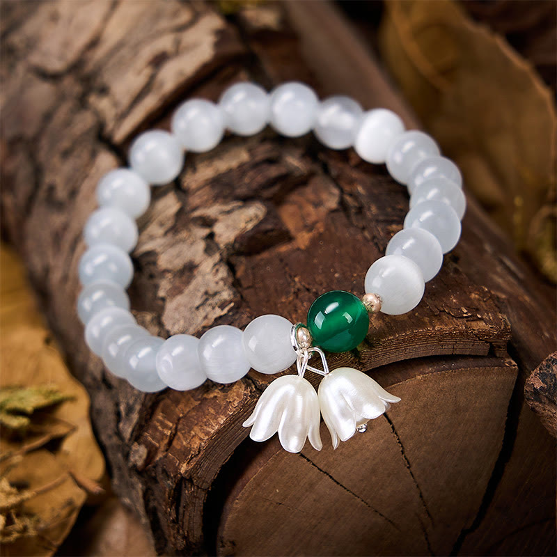 Buddha Stones 8 mm weiße Katzenaugenperlen, rund, Maiglöckchen-Armband - image 4