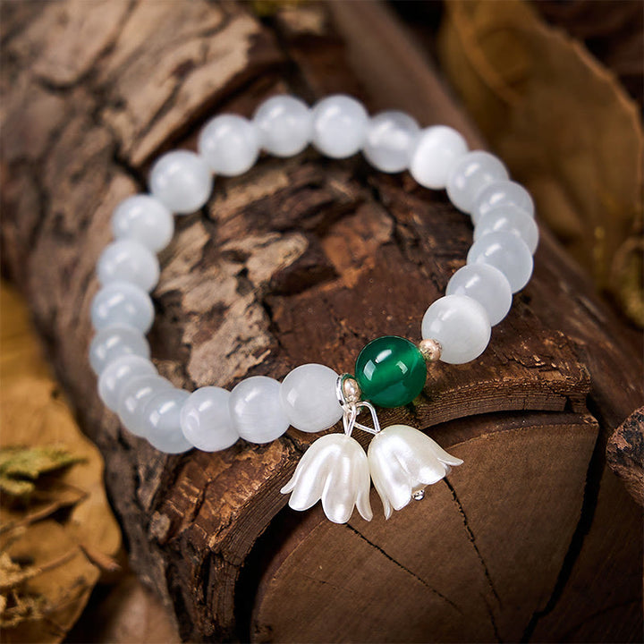 Buddha Stones 8 mm weiße Katzenaugenperlen, rund, Maiglöckchen-Armband - image 4