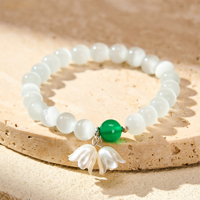 Buddha Stones 8 mm weiße Katzenaugenperlen, rund, Maiglöckchen-Armband - Weißes Katzenauge (Handgelenkumfang 15–16 cm) - image 0