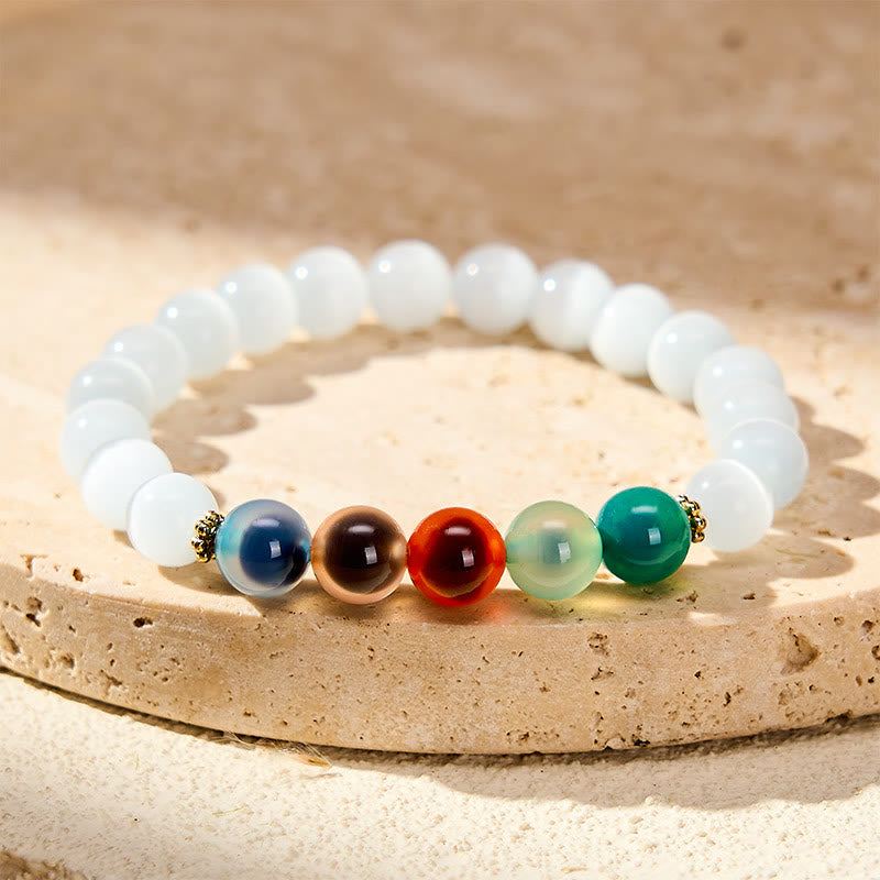 Buddha Stones Armband aus weißem Katzenaugen- und buntem Bonbonachat - Weißer Katzenaugen-Bonbonachat (Handgelenkumfang 15–16 cm) - image 0