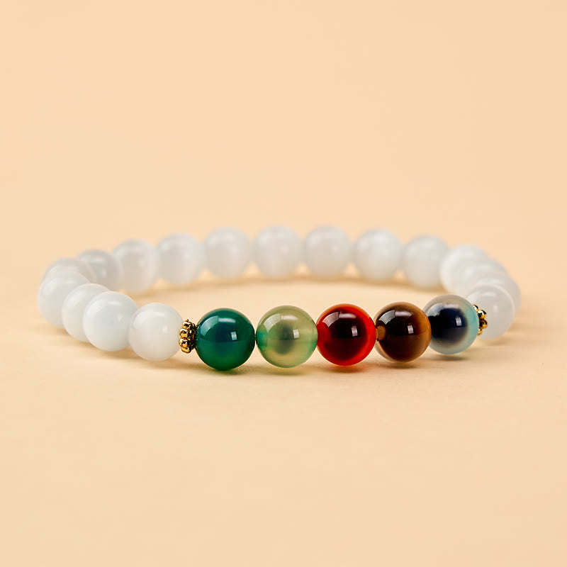 Buddha Stones Armband aus weißem Katzenaugen- und buntem Bonbonachat - image 1