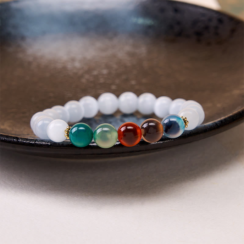Buddha Stones Armband aus weißem Katzenaugen- und buntem Bonbonachat - image 2