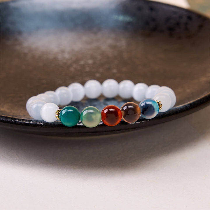 Buddha Stones Armband aus weißem Katzenaugen- und buntem Bonbonachat - image 2