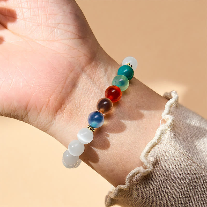 Buddha Stones Armband aus weißem Katzenaugen- und buntem Bonbonachat - image 5