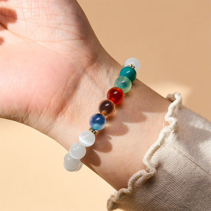 Buddha Stones Armband aus weißem Katzenaugen- und buntem Bonbonachat - image 5
