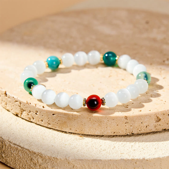 Buddha Stones Armband aus weißem Katzenaugen- und buntem Bonbonachat - Weißer Katzenaugen-Zimtachant (Handgelenkumfang 15–16 cm) - image 8