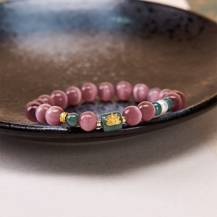 Buddha Stones Lila Katzenaugen-Lotus-Symbol-Erleuchtungsarmband - image 3