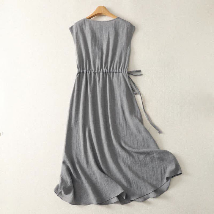Buddha Stones Lässiges, einfarbiges, ärmelloses Sommerkleid für Damen mit Kordelzug - image 2