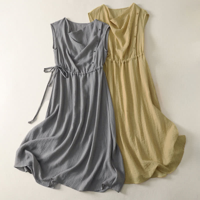 Buddha Stones Lässiges, einfarbiges, ärmelloses Sommerkleid für Damen mit Kordelzug - image 7