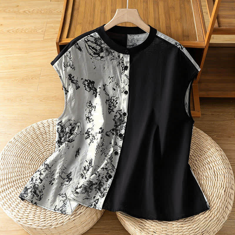 Buddha Stones Sommerliche minimalistische ärmellose Damenblusen mit Stehkragen, asymmetrischem Blumenmuster und floralem Print. - Weiß - US12, UK/AU16, EU44 (2XL) - image 0