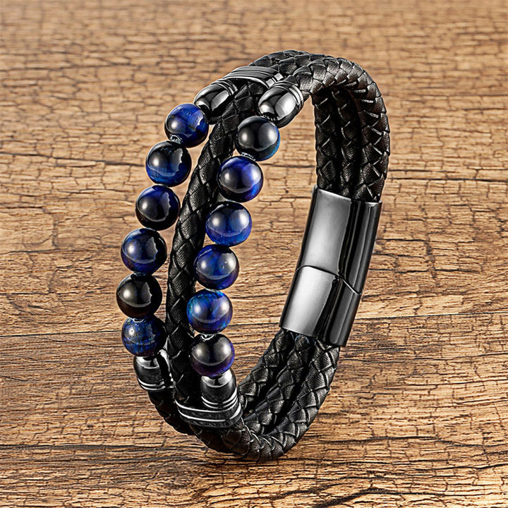Buddha Stones, Tigerauge, Hämatit, Lavagestein, Schwarzer Onyx, Lazurit, Lapislazuli-Perlen, Schutzarmband aus Leder - Blaues Tigerauge - 18-22 cm - image 0