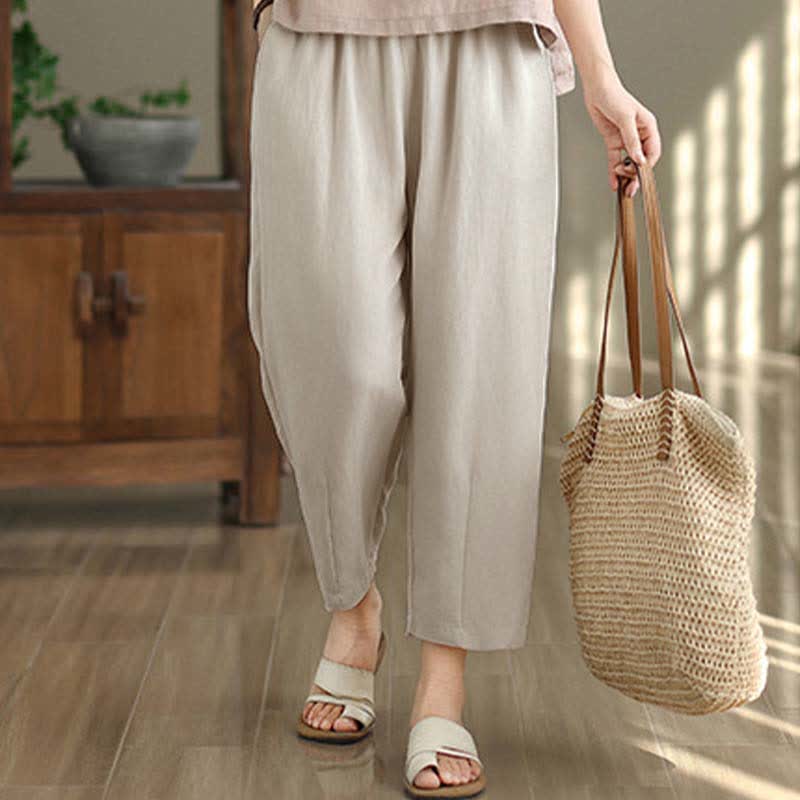 Buddha Stones Lässige, einfarbige Damen-Hose mit schmal zulaufendem Bein und Taschen für den Sommer - image 10