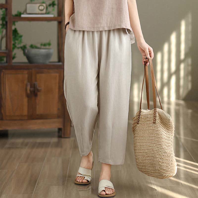 Buddha Stones Lässige, einfarbige Damen-Hose mit schmal zulaufendem Bein und Taschen für den Sommer - image 9