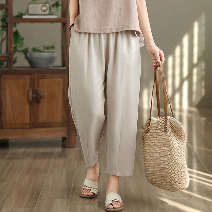 Buddha Stones Lässige, einfarbige Damen-Hose mit schmal zulaufendem Bein und Taschen für den Sommer - image 9