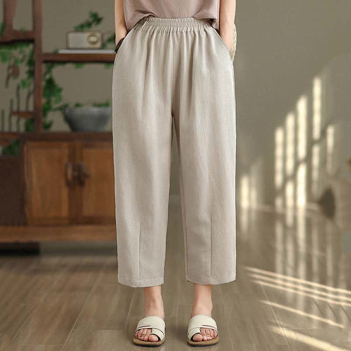 Buddha Stones Lässige, einfarbige Damen-Hose mit schmal zulaufendem Bein und Taschen für den Sommer - image 15