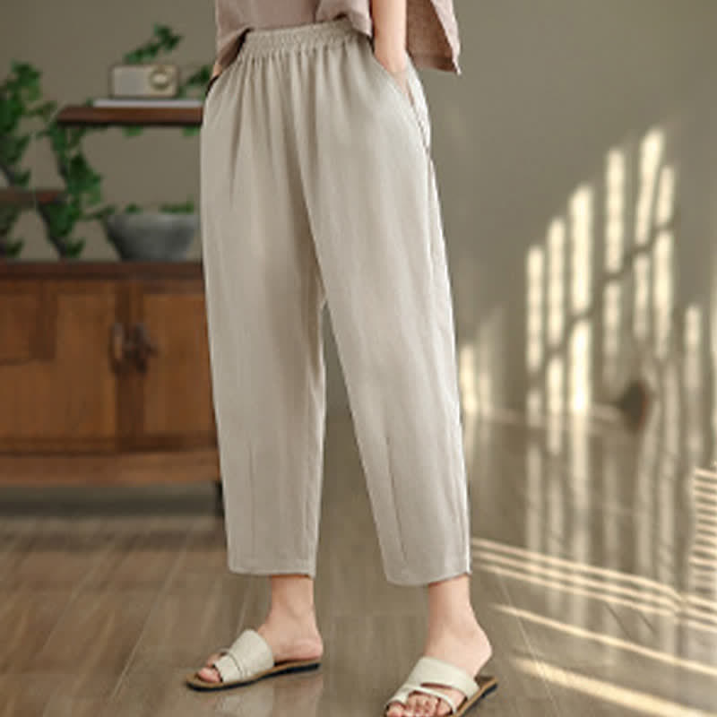 Buddha Stones Lässige, einfarbige Damen-Hose mit schmal zulaufendem Bein und Taschen für den Sommer - image 12