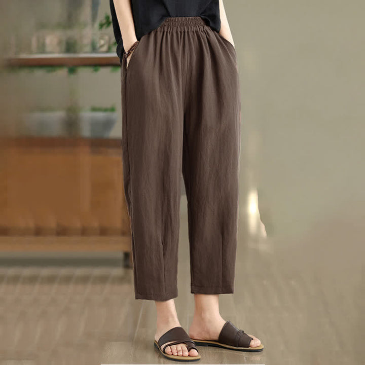 Buddha Stones Lässige, einfarbige Damen-Hose mit schmal zulaufendem Bein und Taschen für den Sommer - image 3