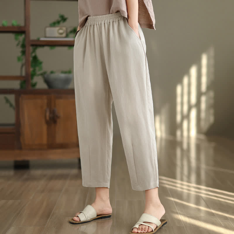 Buddha Stones Lässige, einfarbige Damen-Hose mit schmal zulaufendem Bein und Taschen für den Sommer - image 11