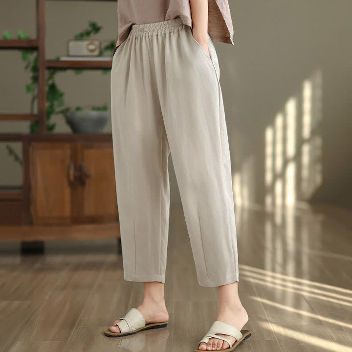 Buddha Stones Lässige, einfarbige Damen-Hose mit schmal zulaufendem Bein und Taschen für den Sommer - image 11