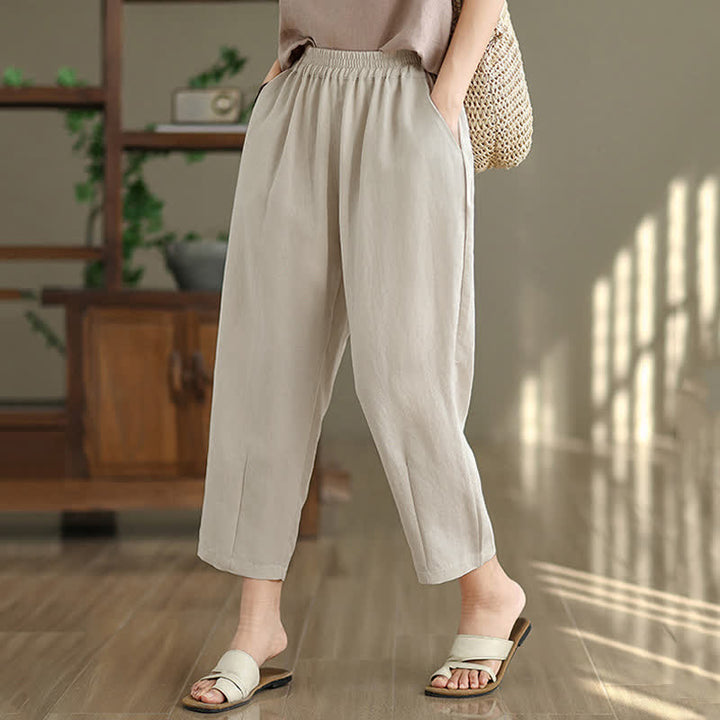 Buddha Stones Lässige, einfarbige Damen-Hose mit schmal zulaufendem Bein und Taschen für den Sommer - image 13