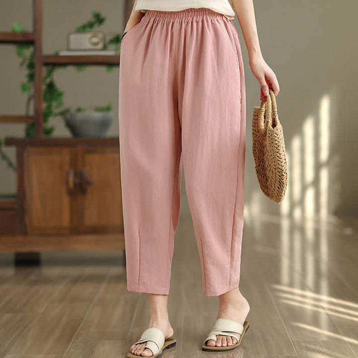 Buddha Stones Lässige, einfarbige Damen-Hose mit schmal zulaufendem Bein und Taschen für den Sommer - image 19