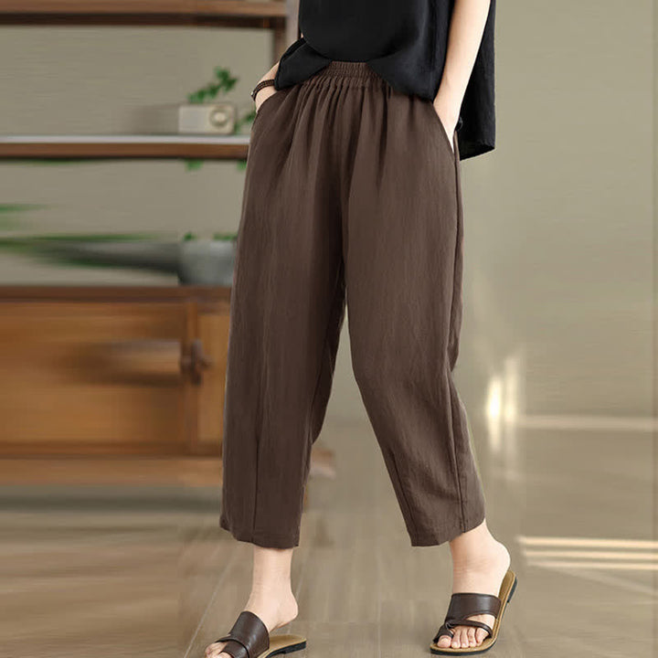 Buddha Stones Lässige, einfarbige Damen-Hose mit schmal zulaufendem Bein und Taschen für den Sommer - image 1