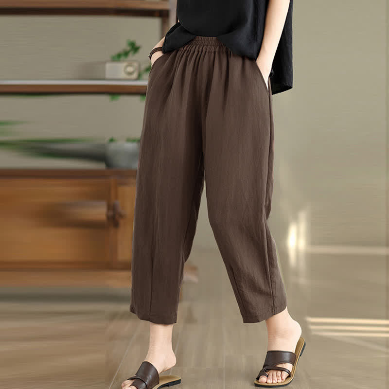 Buddha Stones Lässige, einfarbige Damen-Hose mit schmal zulaufendem Bein und Taschen für den Sommer - image 1