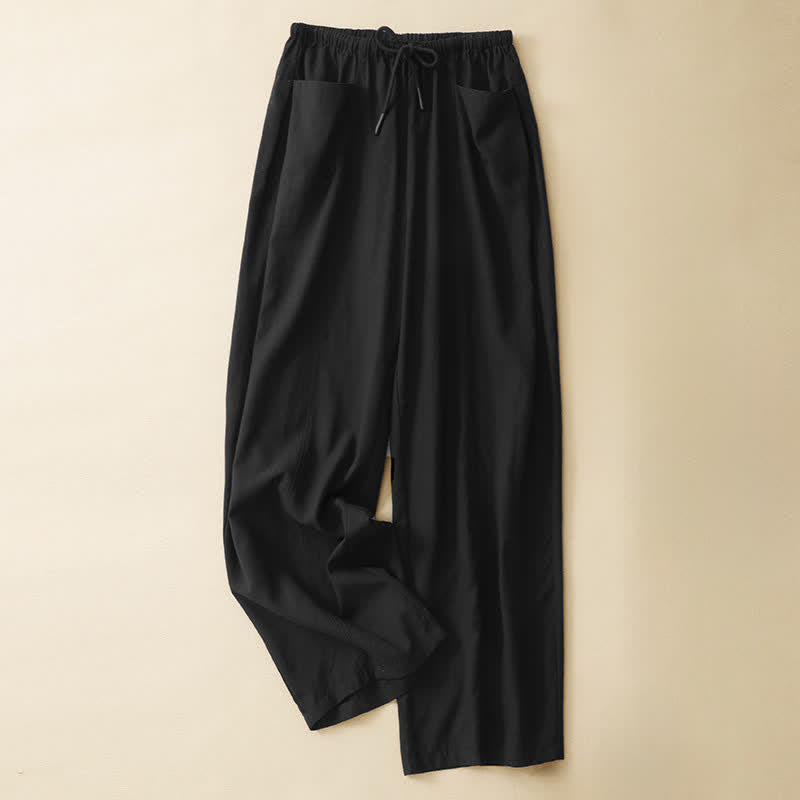 Buddha Stones Minimalistische, einfarbige, gerade geschnittene Damenhose mit Kordelzug und Taschen für den Sommer - Schwarz - US 8-10, UK/AU 12-14, EU 40-42 (2XL) - image 6