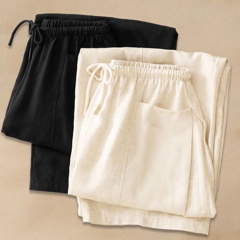 Buddha Stones Minimalistische, einfarbige, gerade geschnittene Damenhose mit Kordelzug und Taschen für den Sommer - image 14