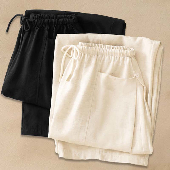 Buddha Stones Minimalistische, einfarbige, gerade geschnittene Damenhose mit Kordelzug und Taschen für den Sommer - image 14