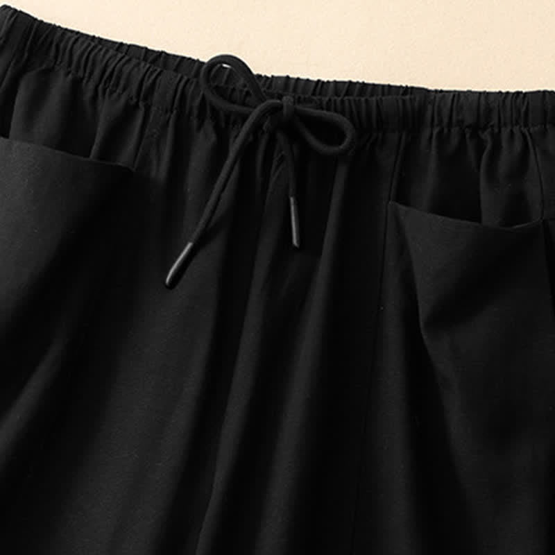 Buddha Stones Minimalistische, einfarbige, gerade geschnittene Damenhose mit Kordelzug und Taschen für den Sommer - image 7