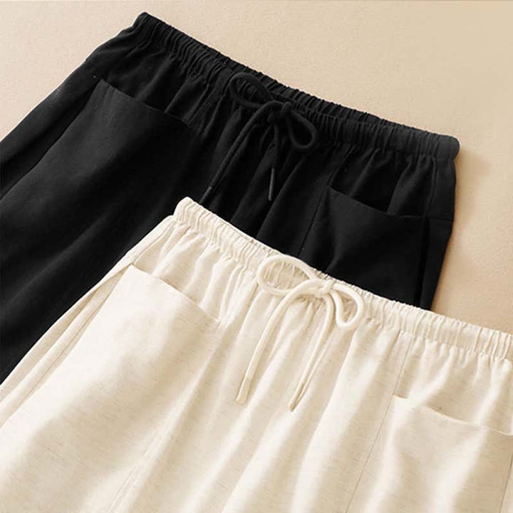 Buddha Stones Minimalistische, einfarbige, gerade geschnittene Damenhose mit Kordelzug und Taschen für den Sommer - image 11